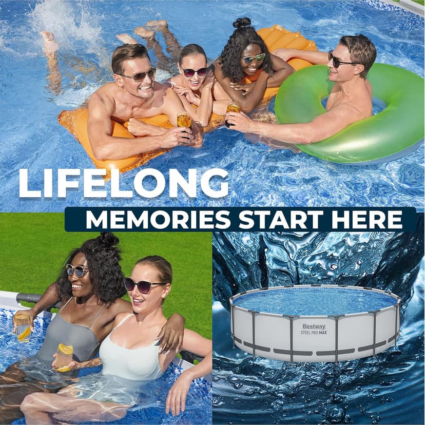 Bestway Steel Pro MAX 15' x 42" Above Ground Pool, Round Metal Frame Outdoor Swimming Pool Set with Filter Pump, Ladder, and Cover, Gray