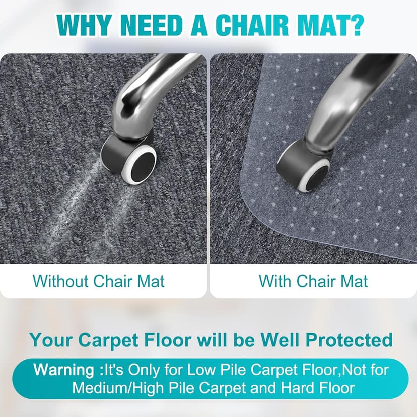 Office Chair Mat for Carpets, 48"x 36" Heavy Duty Clear Plastic Floor Protector, Non-Slip Computer Desk Chair Mat for Low Pile Carpeted Floors, Smooth Rolling Carpet Chair Mat for Home Office