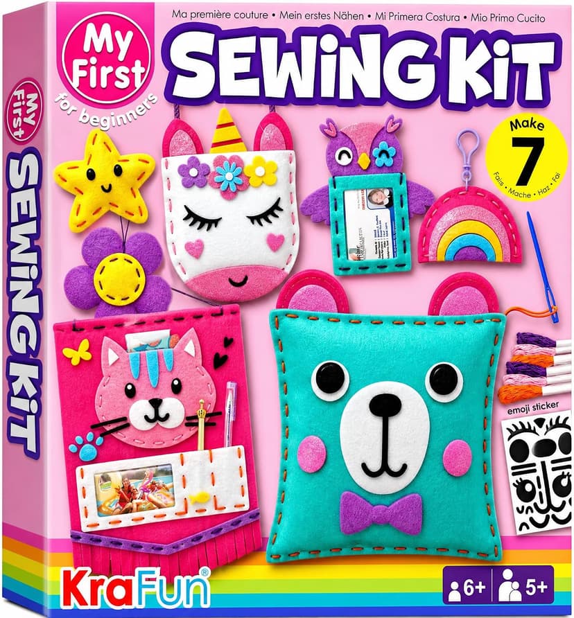 7 stuffed animal & plush pillow projects. Pre-punched felt & instructions included. Gift for girls & boys KRAFUN My First Sewing Kit for Kids Ages 6-12 | 7 Animal Dolls B091GXM2Y6