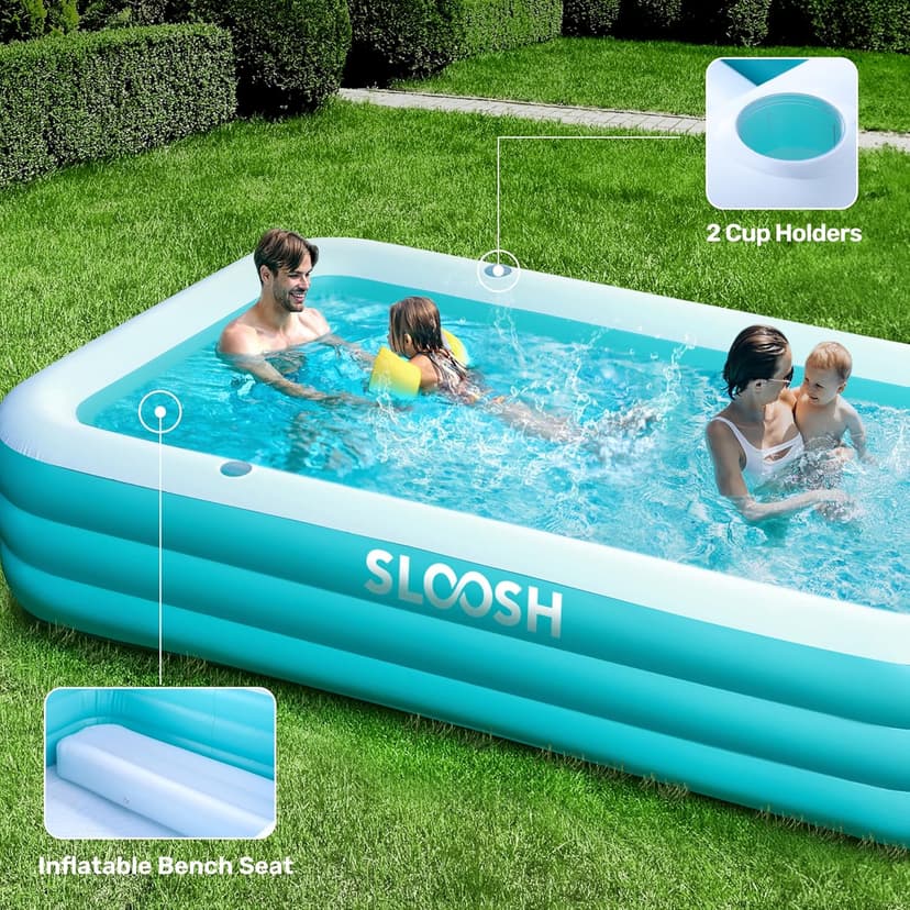 SLOOSH Inflatable Pool for Adults with Seats, 120" x 72" x 22" Full-Sized Blow Up Durable Thickened Above Ground Family Pool, Large Swimming Pools for Backyard Garden Lawn Summer Water Party, Cyan
