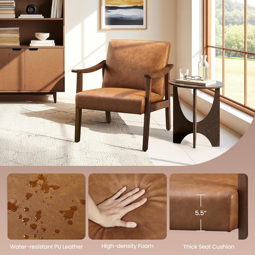 Yaheetech PU Leather Accent Chair, Mid-Century Modern Armchair with Solid Wood Legs, Reading Leisure Chair with High Back for Living Room Bedroom Waiting Room, Brown