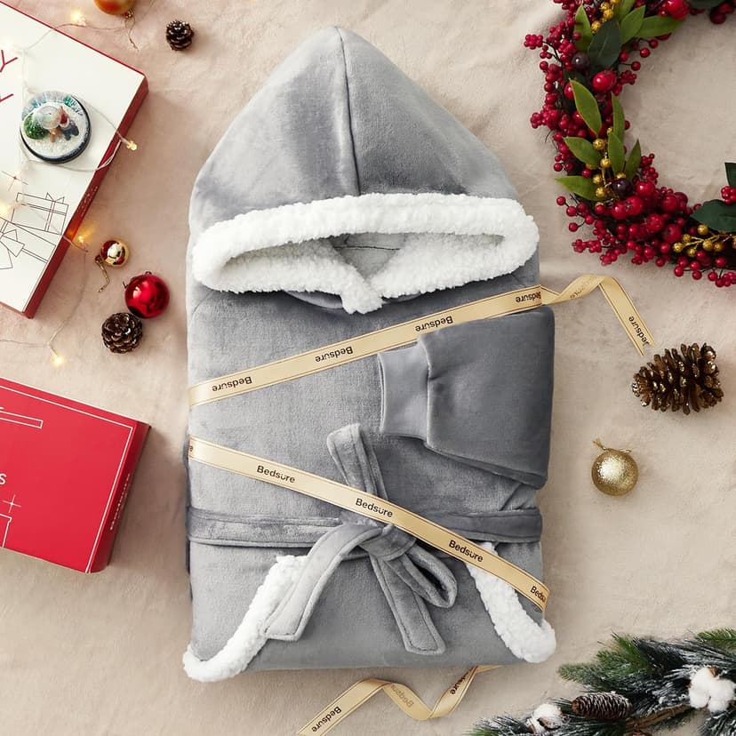 Bedsure Wearable Blanket Hoodie, Long Hooded Blanket Sweatshirt as Birthday Gifts for Women, Cozy Sherpa Hoodie for Adult, Standard, Grey