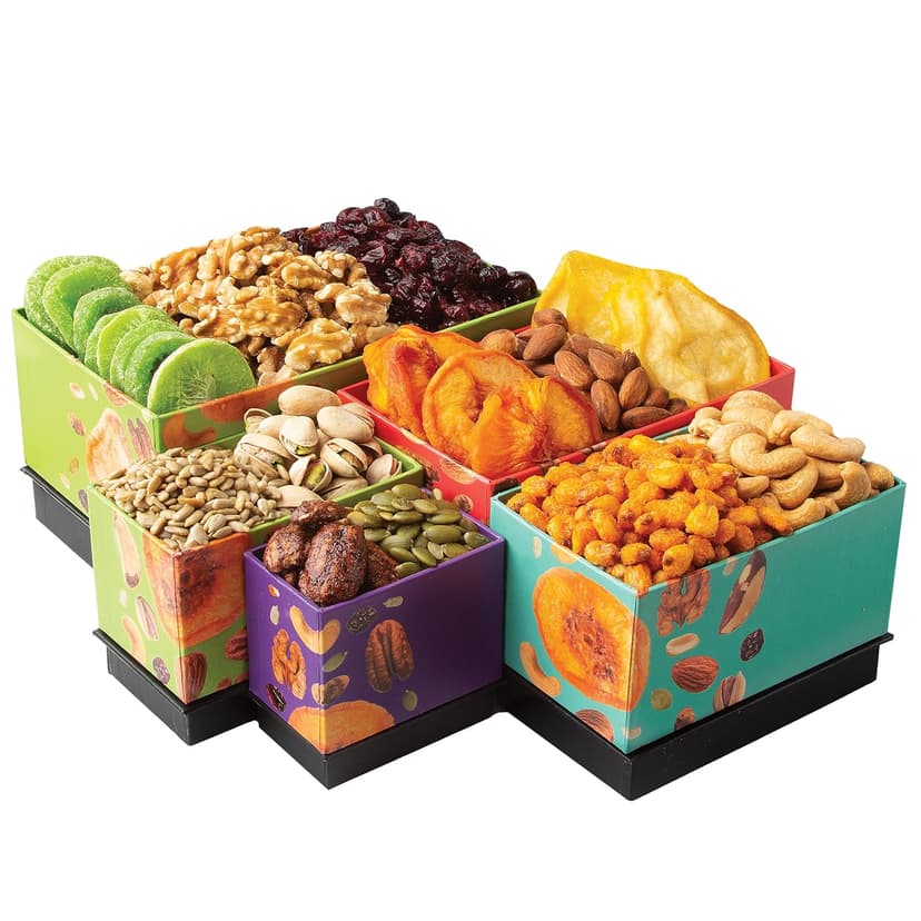 Oh! Nuts Dried Fruit and Nuts Gift Basket Tower with Black Ribbon Gift Basket, 5 Tier Gourmet Arrangement Platter, Healthy Kosher Snack Box for Birthday, Anniversary