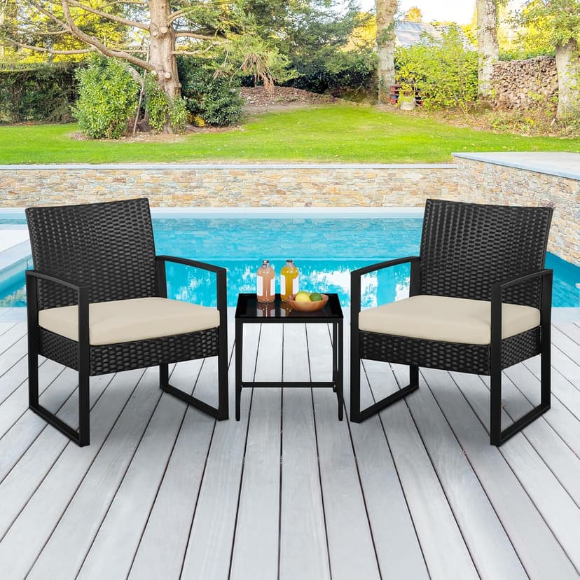 Yaheetech 3 Pieces Rattan Bistro Set, Outdoor Wicker Patio Modern Conversation Furniture, 2 Chairs & Tempered Glass Coffee Table for Garden, Balcony, Backyard, Poolside, Black/Beige