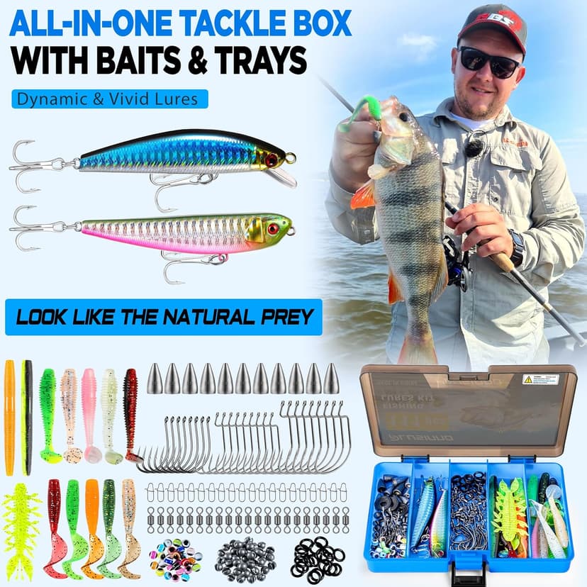 PLUSINNO Fishing Gear,Full Fishing kit Include Fishing Rod and Reel Combo, Tackle Box with Fishing Lures, Fishing Accessories, Fishing Pliers,Fishing Gifts for Men with Fishing Tool Kit