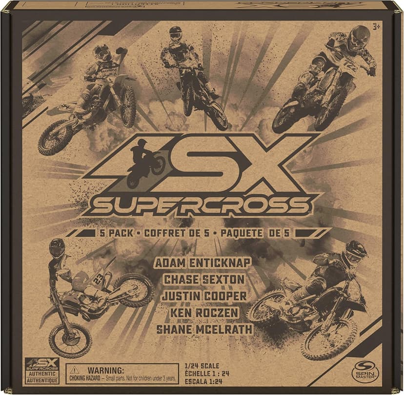 Supercross, Authentic 5-Pack of 1:24 Scale Die-Cast Motorcycles with Rider Figure, Toy Moto Bike for Kids and Collectors Ages 3 and up