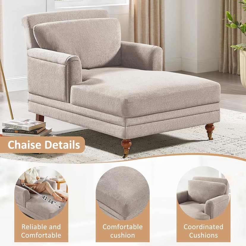 VANOMi 57.48'' Chaise Lounge Chair Indoor, Modern Chenille Chaise Lounge Couch with Adjustable Deep Backrest, Upholstered Leisure Recliner Chair for Living Room, Apartment, Bedroom, Camel Color