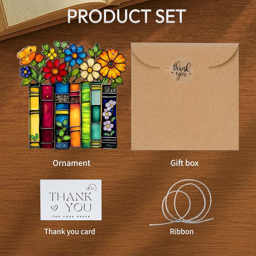 Book Lovers Gifts for Women, Book Ornament Faux Stained Glass Window Hanging, Bookish Gifts for Teacher, Librarian, Reader, Bookworm, Christmas Stocking Stuffer Tree Decorations (Floral Shelf)