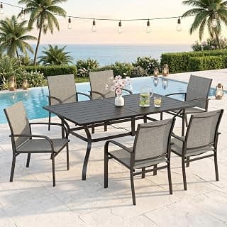 SUNSHINE VALLEY 7 Piece Patio Dining Set for 6, Rectangular Metal Table with Umbrella Hole, 6 Brown Dining Chairs, Outdoor Table and Chairs Set for Lawn Backyard and Deck