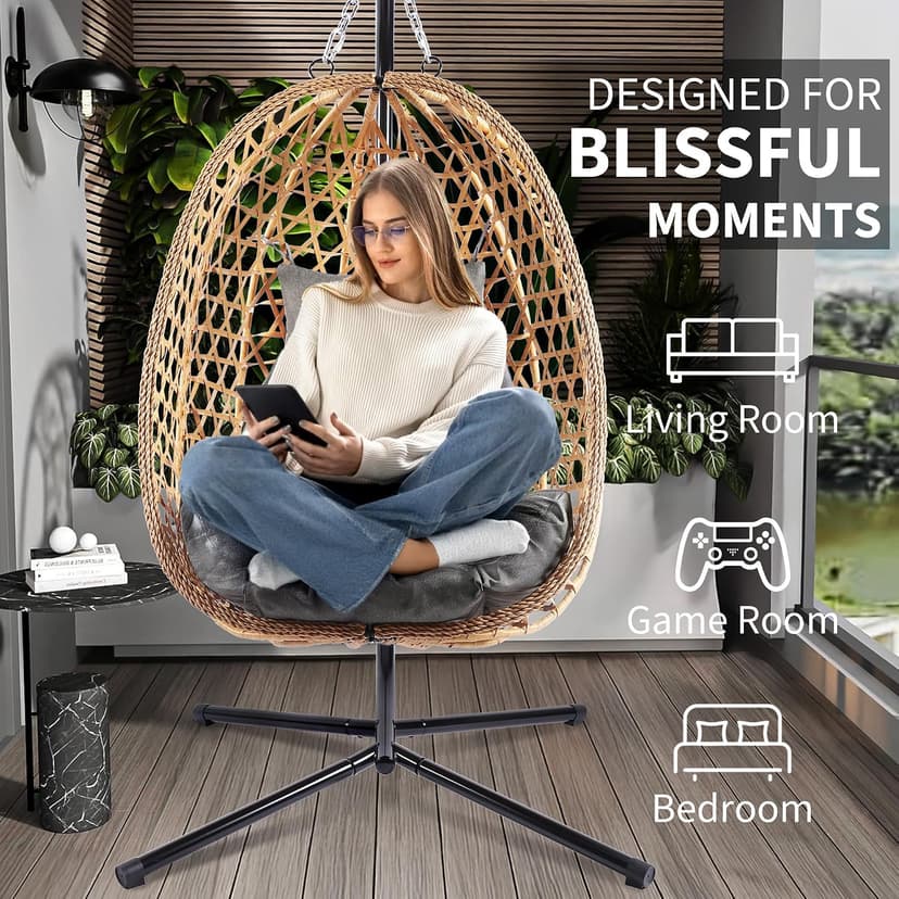 LEX CRAFT Egg Chair with Stand, Patio Wicker Hanging Chair, Hammock Swing Chair, 350LBS Capacity for Bedroom, Balcony, Garden (YE-GR)