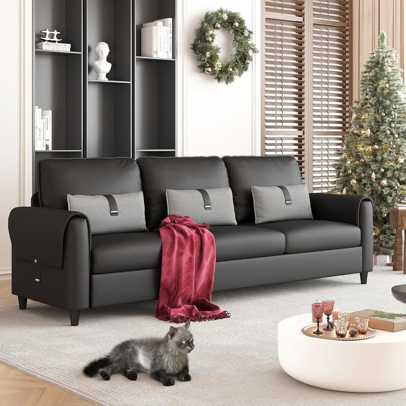 STHOUYN 88” Faux Leather Couch for Living Room, Black Office Couch Small Space, Comfy 3 Seater Couches Leather Sofa with High Backrest (Black)