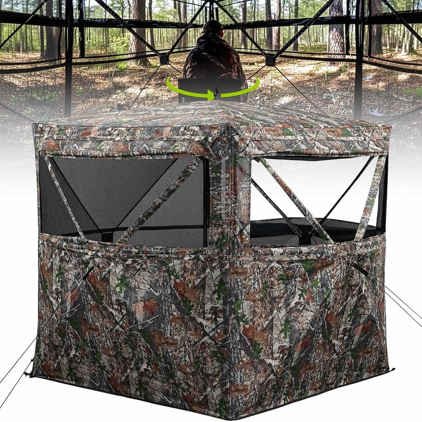 Hunting Blind 360 See Through Ground Blind for Turkey & Deer Hunting, 2-3 Person Pop Up Camouflage Tent