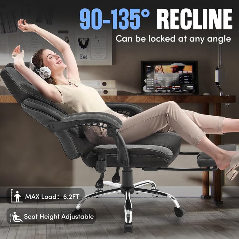 Massage Office Chair with Foot Rest,6-Point Vibration & Heat Executive Office Chairs,Ergonomic Computer Chair for Heavy People,Big and Tall Fabric Office Chair,Recliner with Padded Armrest,BlackGrey