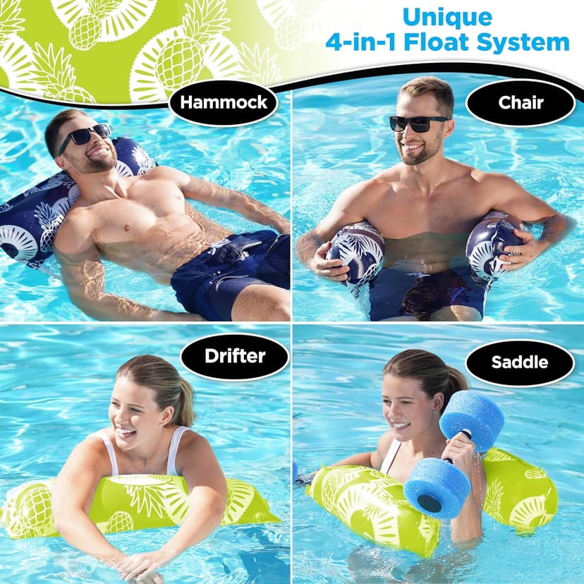 Waterlife 4-in-1 Pool Hammock 2-Pack, Inflatable Pool Chair Float, Water (Saddle, Lounge Chair, Drifter), Navy Blue and Green