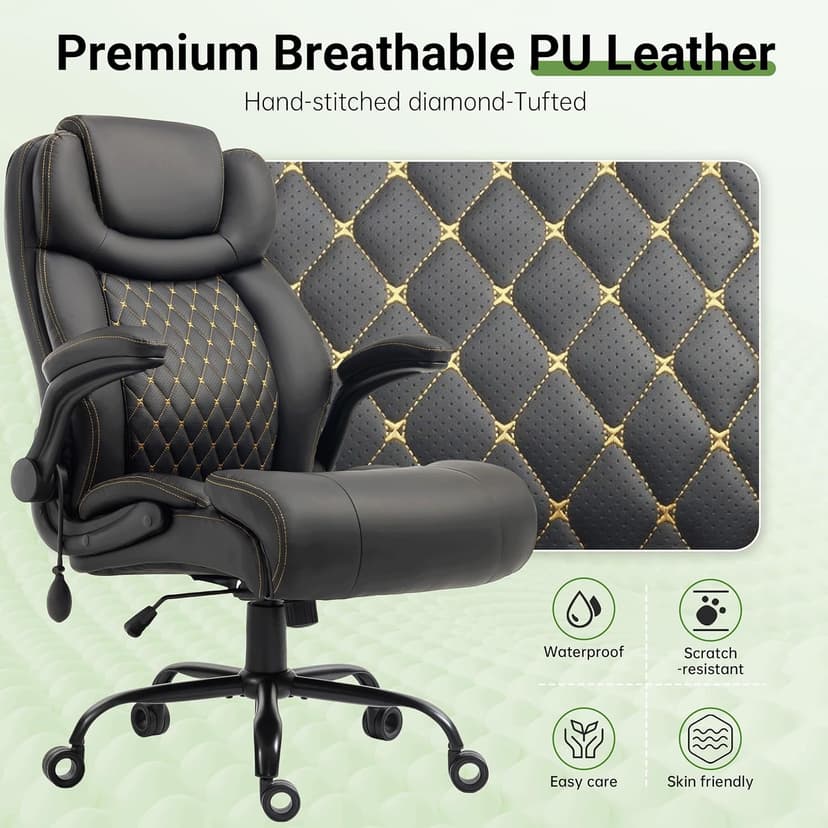 Office Chair, Big and Tall Executive Chairs with Lumbar Support for Back Pain, Breathable Desk Computer Chair with Adjustable Flip-up Armrests, Wide Cushion Swivel Home Office Chair Black PU