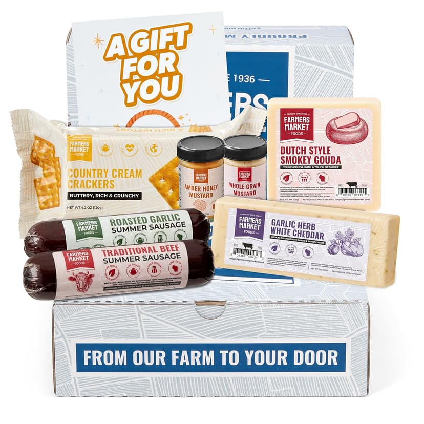 Roasted Garlic & Smoked Beef Sausages, Gouda & Garlic Herb White Cheddar, Crackers, Whole Grain & Amber Honey Mustard Farmers Market Traditional Charcuterie Gift Box with Summer Sausage &Cheese B093CGRM2T