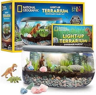 National Geographic Light Up Dinosaur Terrarium Kit for Kids – Build a Dino Habitat with Real Plants & Gemstones, Night Light, Science Kit, Dinosaur Toys for Kids Ages 6 7 8 9 (Amazon Exclusive)
