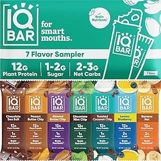 IQBAR Brain and Body Plant Protein Bars - 7 Bar Sampler Variety Pack - Keto, Vegan, Low Carb, High Fiber, Gluten Free, Dairy Free, Low Sugar Snack with Nutrients for Focus, Energy and Meal Replacement