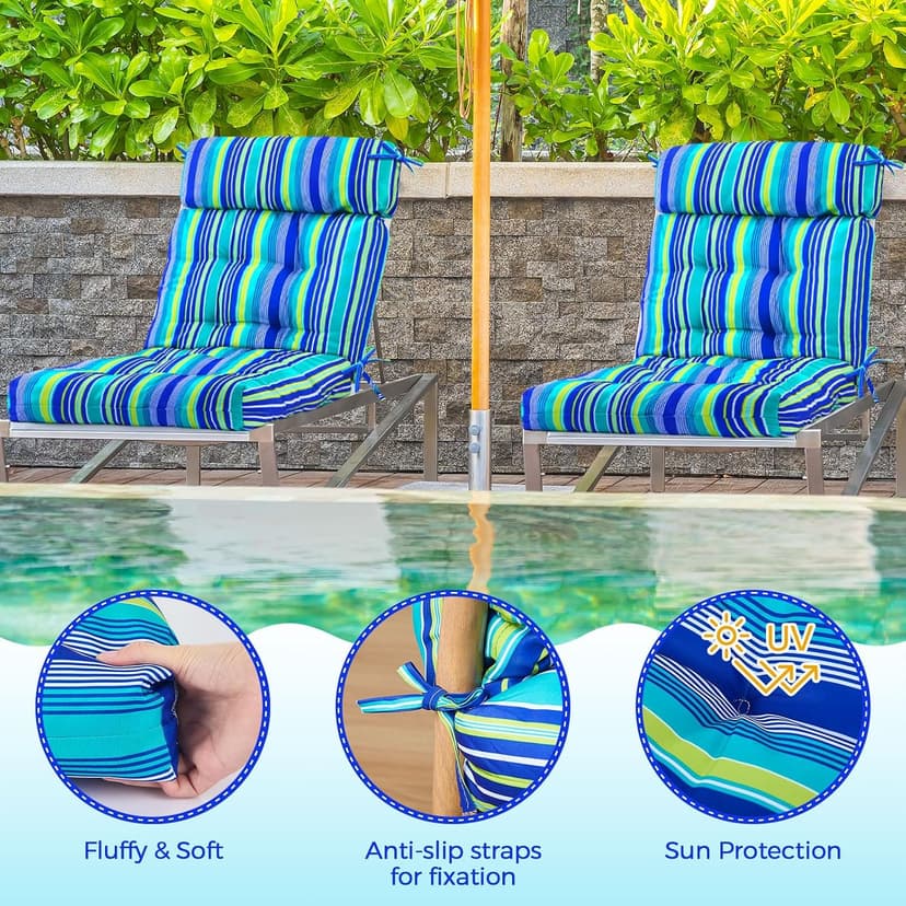 Barydat 4 Pcs Tufted High Back Chair Cushion Indoor Outdoor Seat and Back Cushions Palm Leaves Tropical Plants Lawn Rocking Chair Pads with Ties for Adirondack Patio Garden(Blue Stripes)