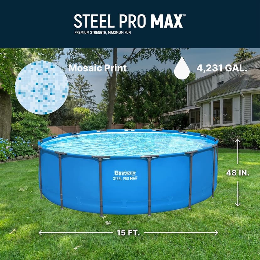 Bestway Steel Pro MAX 15’ x 48" Above Ground Pool, Round Metal Frame Outdoor Swimming Pool for Backyard, Blue, Pool ONLY