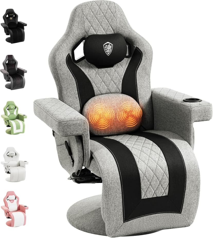 Dowinx Racing Style Gaming Recliner Chair with Massage Lumbar Support, Footrest, Cup Holder, Side Pouch, High Back Ergonomic Video Game Chair Reclining No Wheels Heavy Duty, Fabric Gray