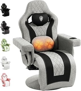 Dowinx Racing Style Gaming Recliner Chair with Massage Lumbar Support, Footrest, Cup Holder, Side Pouch, High Back Ergonomic Video Game Chair Reclining No Wheels Heavy Duty, Fabric Gray