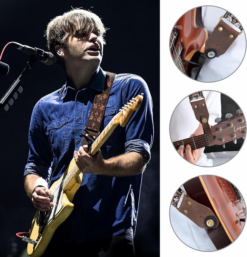 Nefelibata Guitar Strap,Jacquard Embroidery Cotton Guitar Straps with Crazy Horse Leather Ends for Bass, Electric & Acoustic, Best Gifts for Kids, Guitarists(Embroidered Gold Flower)