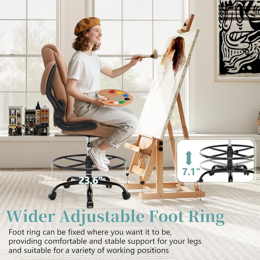 Ergonomic Drafting Chair, Tall Office Chair for Standing Desk, High Back Standing Desk Chair with Flip-Up Armrest, Adjustable Height&Foot Ring, Executive PU Leather Extended Height Office Chairs,Brown