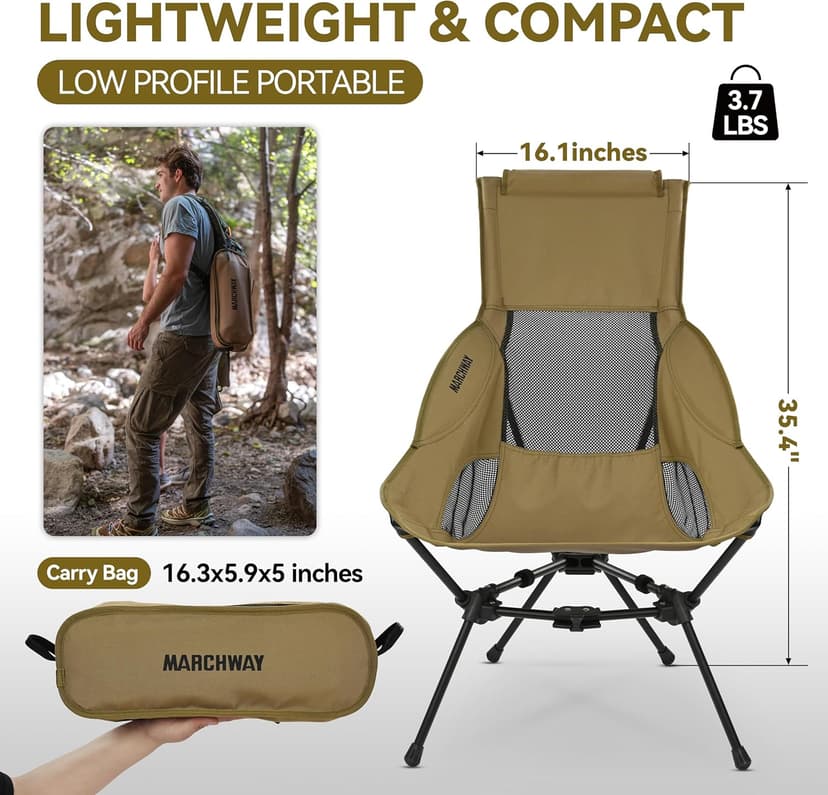 MARCHWAY Lightweight Folding High Back Camping Chair with Head Support, Stable Portable Compact for Outdoor Camp, Travel, Beach, Picnic, Festival, Hiking, Backpacking (Highback Khaki)