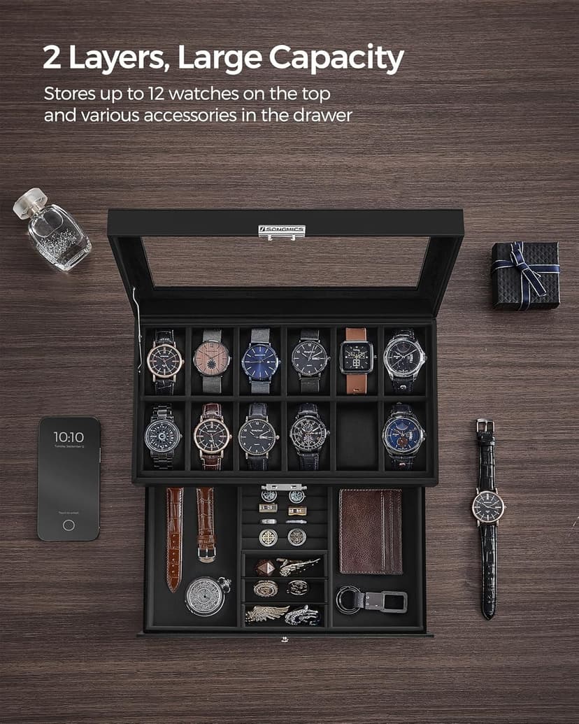 SONGMICS Watch Box, 12-Slot Watch Case Organizer with Large Glass Lid, 2 Layers, Removable Pillows, Metal Lock, Gift for Loved Ones, Black Synthetic Leather, Black Lining UJWB012B03