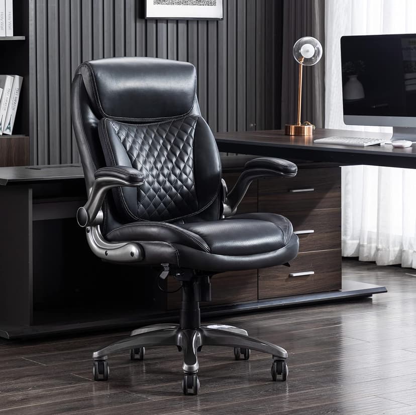 Amazon Basics Ergonomic Executive Office Chair with Adjustable Lumbar Support, Flip-up Arms, Height Adjustable, 360° Rolling Swivel, Computer Desk Chair, Grey Leather