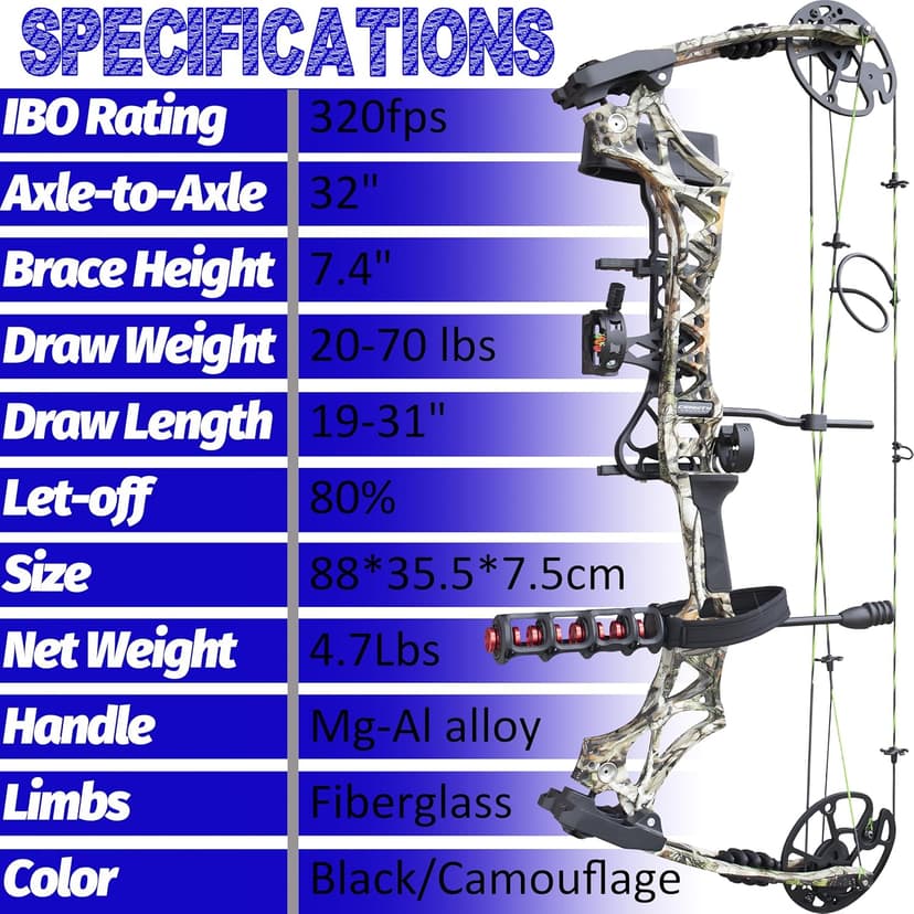 Archery Compound Bow Set 20-70 LBS, Draw Length 19"-31", up to IBO 320 fps, Hunting Compound Bow with All Accessories for Archery Hunting Target Shooting Practice RTH