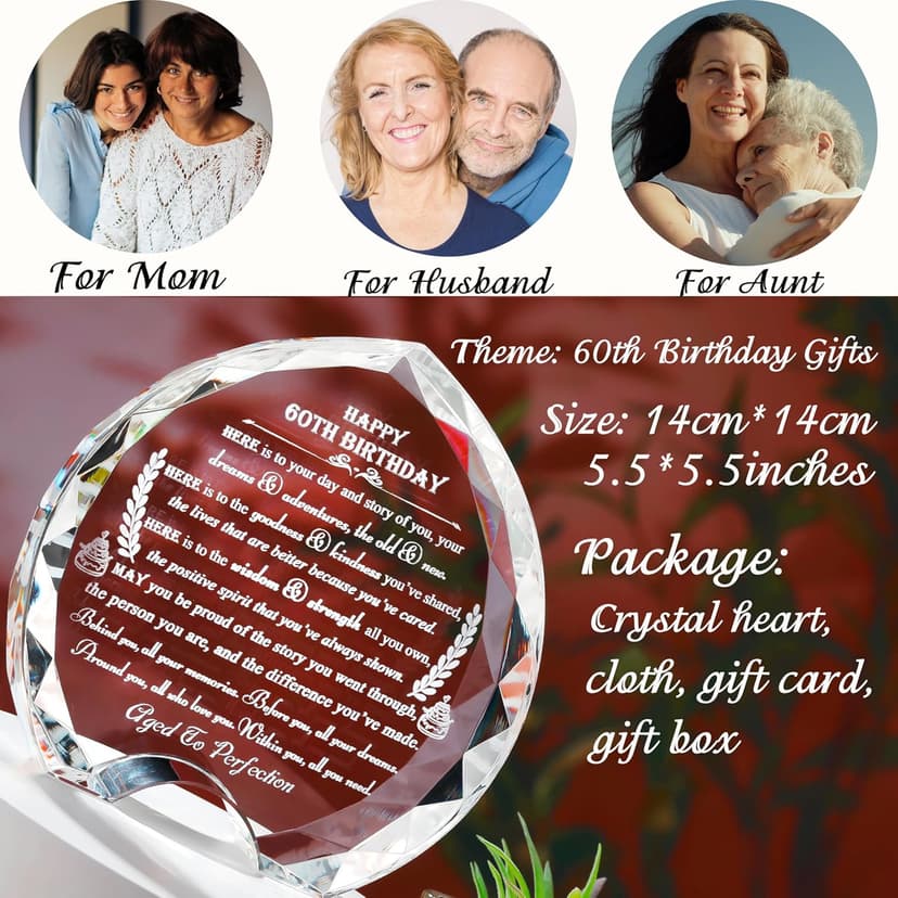 60th Birthday Gifts for Women Men - Crystal Heart Personalized 1964 60 Year Old Present for Her Him - Happy Birthday Gift Ideas for Mom Dad Unique