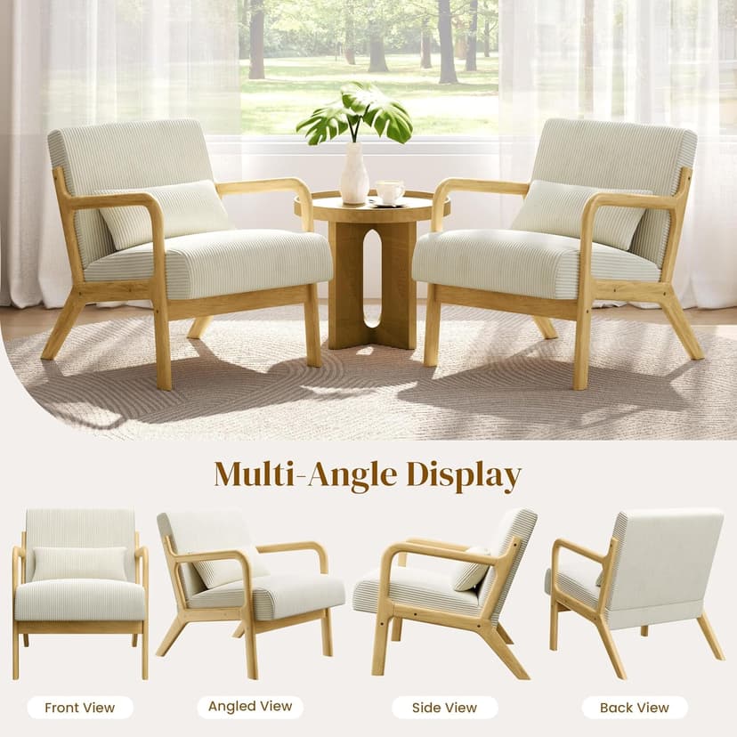 Yaheetech Accent Chair for Living Room, Corduroy Mid Century Modern Reading Armchairs with Lumbar Pillow for Bedroom, Decorative Sofa Chair for Adult Beige/Set of 1