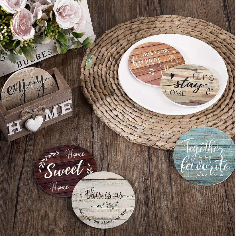 Wooden Coasters for Drink with Holder, 4'', Funny Home Decoration for Family Coffee Bar Table Protection, New Home Gift Ideas Queekay House Warming Gifts New Home Farmhouse Coasters Set of 6, Mixed B0BRSGRGBG