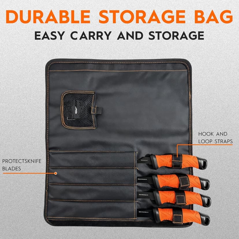 BasicGear Fishing Fillet Knife Set of 4 – 5”, 7”, 8”, 9” 440C Stainless Steel Knives with Non-Stick Blades, Sheaths, Sharpener, and Carry Bag – Deboning and Filleting Tools for All Fish Types