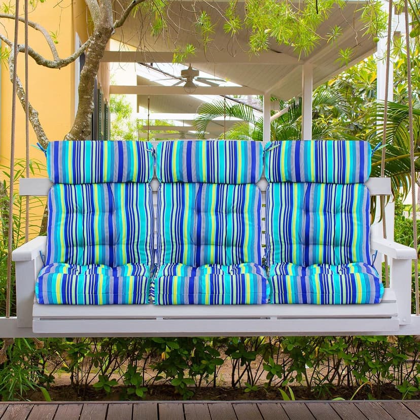 Barydat 4 Pcs Tufted High Back Chair Cushion Indoor Outdoor Seat and Back Cushions Palm Leaves Tropical Plants Lawn Rocking Chair Pads with Ties for Adirondack Patio Garden(Blue Stripes)