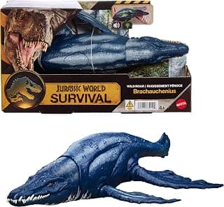 Mattel Jurassic World Wild Roar Brachauchenius Dinosaur Action Figure Toy with Chomp Attack, Light Up Feature & Roar Sound, Scan Code for Digital Play