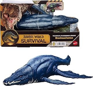 Mattel Jurassic World Wild Roar Brachauchenius Dinosaur Action Figure Toy with Chomp Attack, Light Up Feature & Roar Sound, Scan Code for Digital Play