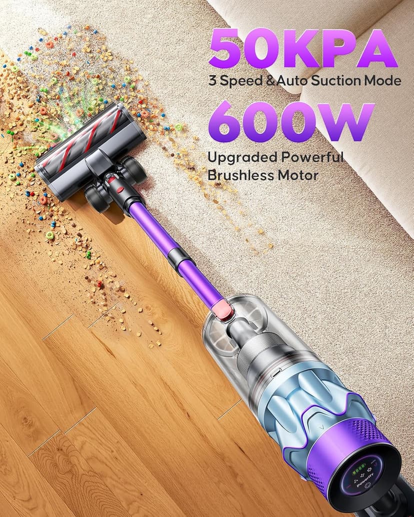 Cordless Vacuum Cleaner 65min/600W/50KPA Self-Standing Vacuum Cleaners for Home with 3.3Ft Hose & Auto Mode, Wall Mount Charging Stick Vacuums with Fragrance Dust-Scraper for Hardwood Floor/Car/Pet