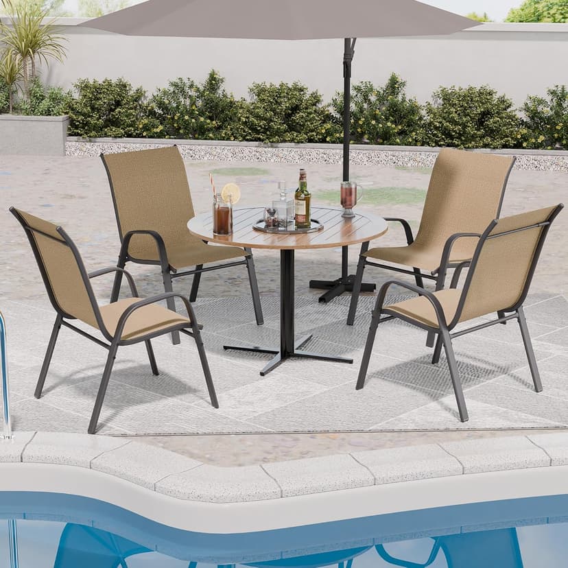 Patio Chairs Set of 4, Outdoor Dining Chairs Stackable for All Weather, Breathable Metal Modern Outside Furniture Chair for Pool Side, Garden, Backyard Deck, Brown