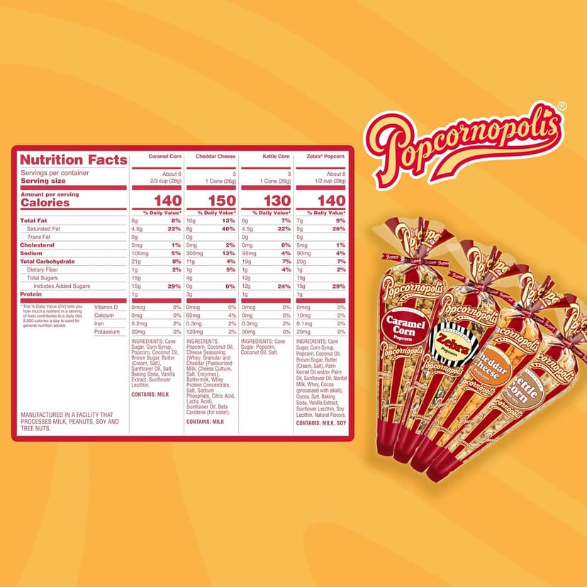 Popcornopolis Gourmet Popcorn Cone Variety Pack – Zebra, Cheddar Cheese, Caramel & Kettle Corn Popcorn, Great for Gifting & Sharing (12-Count)