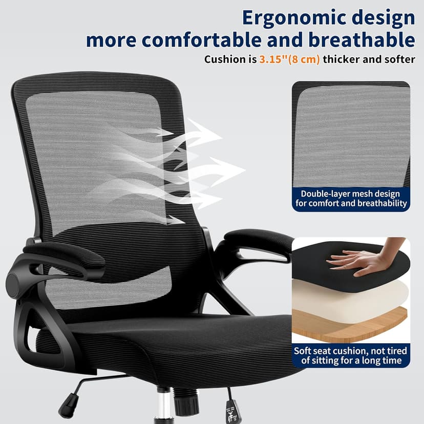 Ergonomic Office Chair, Desk Chair with Adjustable Lumbar Support, Breathable Mesh Comfy Computer Chairs with Flip-up Armrests Executive Task Chair for Adults Home Office(Black)