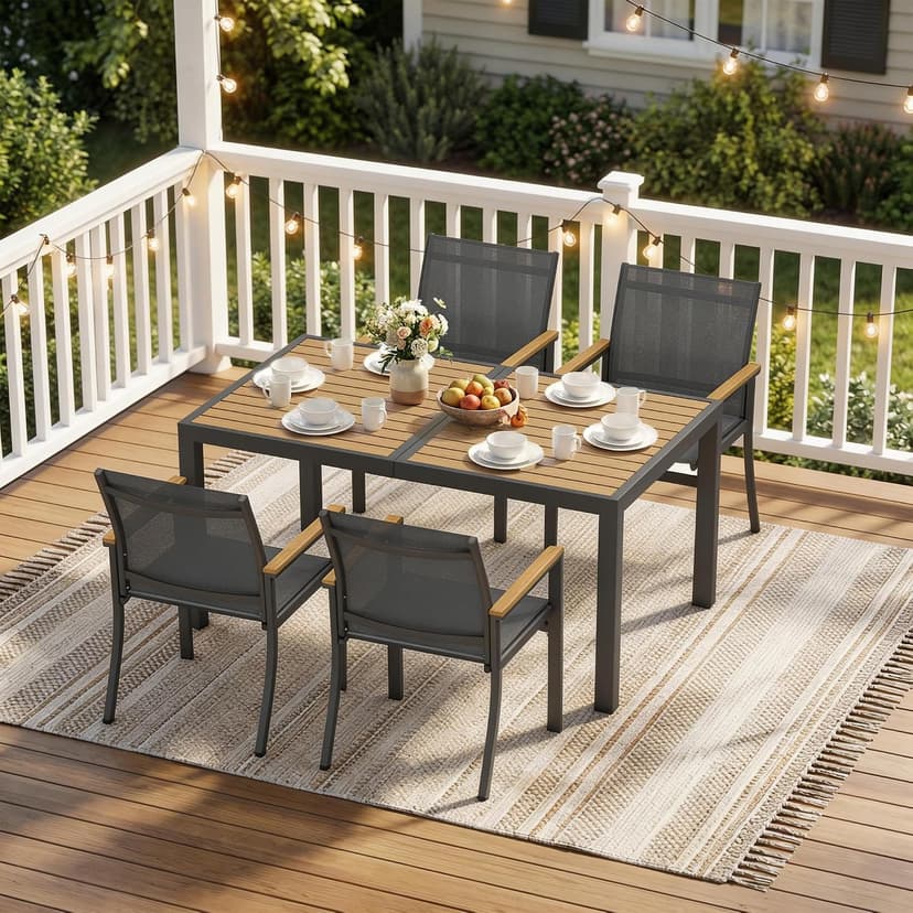 5-Pieces Aluminum Patio Table and Chairs for All-Weather, Patio Table Set with Heavy Duty HDPS Rectangular Table, Outdoor Patio Dining Furniture Set with Breathable Quick-Drying Textilene Chairs