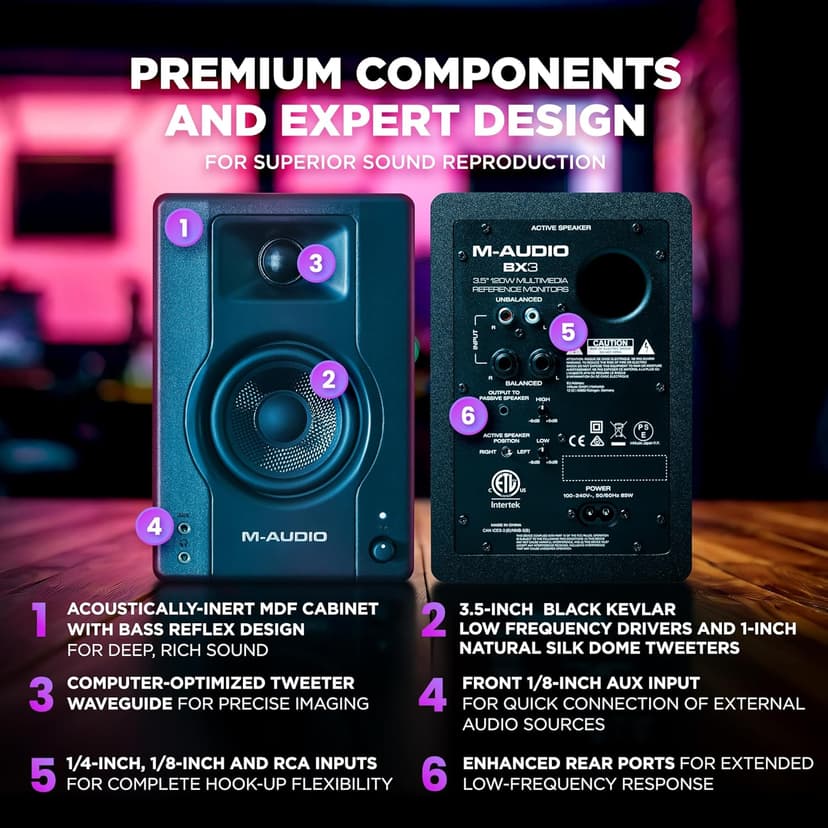 M-AUDIO BX3 Pair 3.5" Wired Studio Monitors and PC Speakers for Recording and Multimedia with Music Production Software
