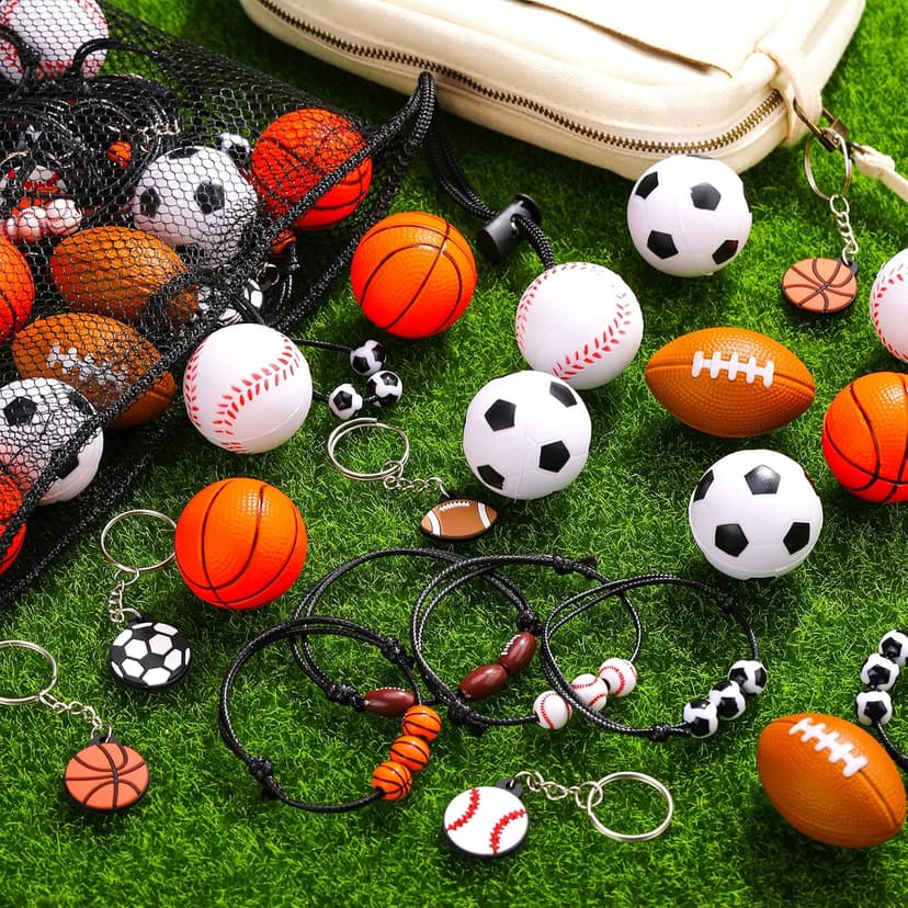 Nosiny Sportball Party Favors - 108 Pcs Bulk Set Including 36 Keychains, 36 Stress Balls & 36 Charm Bracelets for Team Birthday Parties