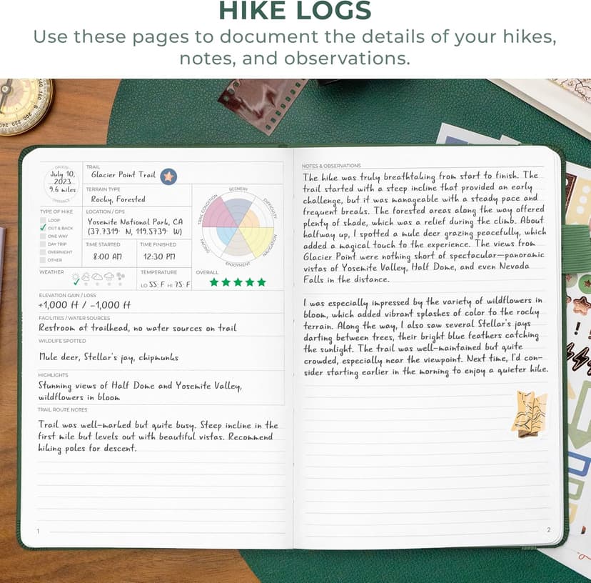 Travel & camping diary, nature adventure record book, 5.8 x 8.3 in eco leather notebook, gift for hikers & campers Clever Fox Hiking Journal for Women & Men, Trail Log Book, Forest Green B0DWSW8XN7