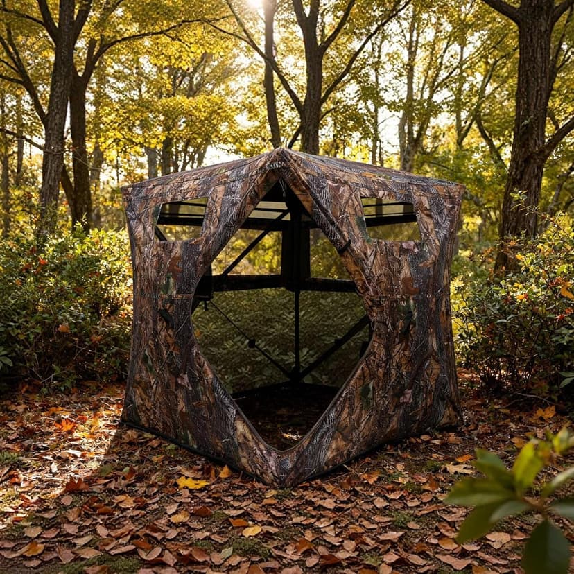 FUNHORUN Hunting Blind with Floor Mat, 360 Degree See Through Ground Blind with Carrying Bag, 2/3/4 Person Pop Up Camouflage Tent Portable Concealed Shelter