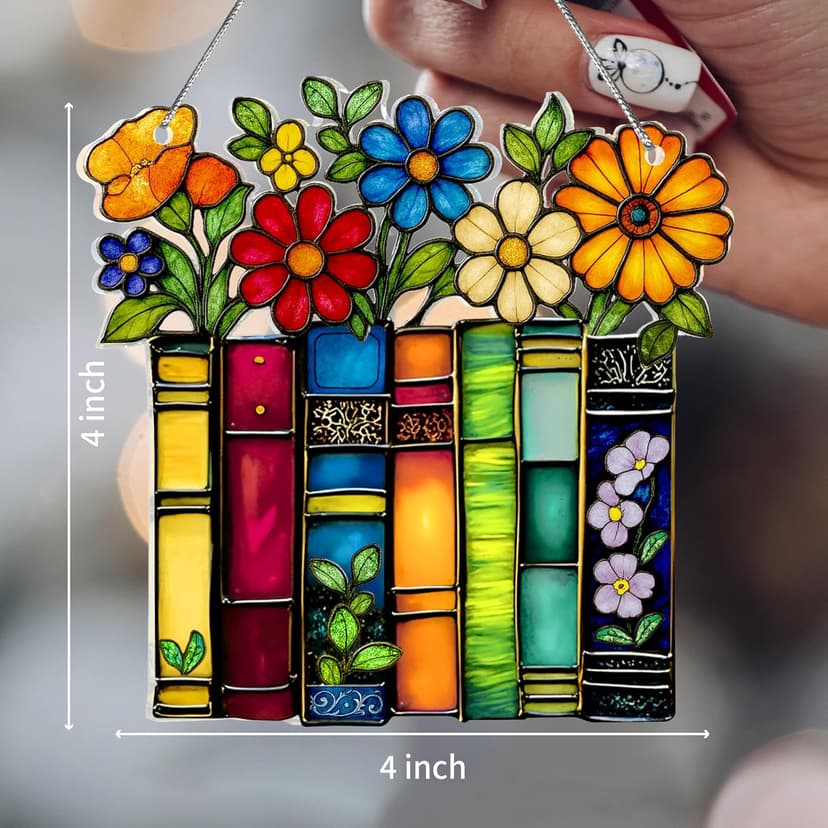 Book Lovers Gifts for Women, Book Ornament Faux Stained Glass Window Hanging, Bookish Gifts for Teacher, Librarian, Reader, Bookworm, Christmas Stocking Stuffer Tree Decorations (Floral Shelf)