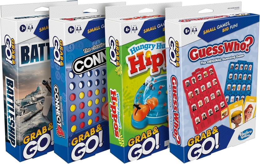 Hasbro Grab and Go! Bundle (4 Pack), Kids Travel Board Games, Battleship, Connect 4, Guess Who?, Hungry Hungry Hippos Games, 2 Players, Easter Gift for Kids, Ages 7+